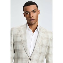 Ipek-Yün Karışım Ekose Desenli Krem Rengi Blazer Ceket