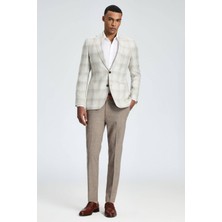 Ipek-Yün Karışım Ekose Desenli Krem Rengi Blazer Ceket