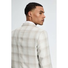 Ipek-Yün Karışım Ekose Desenli Krem Rengi Blazer Ceket