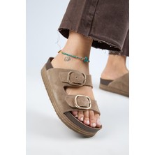 Manijero Alexa Kadın Deri Deri Çift Tokalı Platform Vizon Terlik