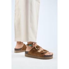 Manijero Alexa Kadın Deri Deri Çift Tokalı Platform Taba Terlik