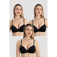 Kadın Balenli Dolgulu Destekli Sütyen 3'lü Set Siyah