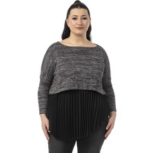 Büyük Beden Plise Detaylı Beli Lastikli Siyah Gömlek Etek