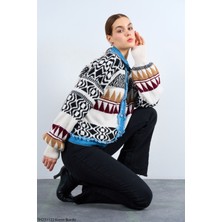 Qimya Butik Qu Style Kadın Jean Detaylı  Kilim Desenli Oversize Hırka