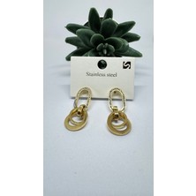 Stainless Steel Gold Kaplama Taş Detaylı Oval Sarkıt Küpe