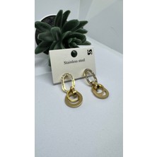 Stainless Steel Gold Kaplama Taş Detaylı Oval Sarkıt Küpe
