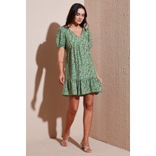 Lela Regular Fit V Yaka Balon Kol Desenli Mini Elbise Bayan Elbise 67810045