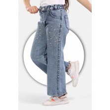 Modi Clas Pamuk-Denim-Kot-Serpme Taşlı-Kar Yıkamalı-Kız Çocuk Pantolonu-Palazzo