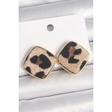 Tua Moda Pirinç Gold Renk Kare Leopar Model Kadın Küpe