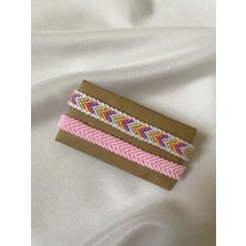 Melush Pembe Beyaz Çerçeveli Pastel Renkli Chevron Örgü Bileklik 2'li Set