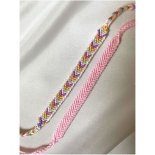 Melush Pembe Beyaz Çerçeveli Pastel Renkli Chevron Örgü Bileklik 2'li Set