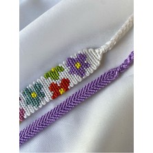Melush Lila Rengarenk Çiçek Desenli 2'li Örgü Bileklik Seti