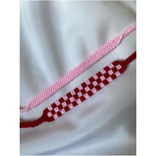 Melush Pembe Pembe ve Kırmızı Dama Desenli Örgü Bileklik 2'li Set