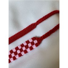 Melush Kırmızı Pembe ve Kırmızı Dama Desenli Örgü Bileklik 2'li Set
