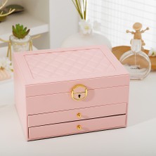 İsdeksan Özel Desenli , Deri , 3 Katlı Takı Kutusu, Pembe Renk, Anahtarlı Model