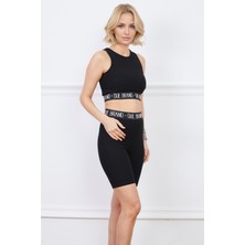Caddebostan Moda Yüksek Bel Fitilli Tayt Crop Büstiyer Toparlayıcı Kadın Alt Üst Takım Siyah