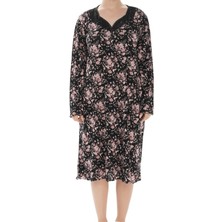 Erse Kadın Desenli Bambu %100 Pamuk Mevsimlik Uzun Kol Gecelik -Geniş Kesim Anne Kalıp