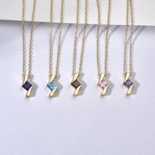 Nox Jewelry 14 Ayar Altın Kaplama  Zig Zag Kare Kesimli Taşlı Gümüş  Kolye- CNS00612