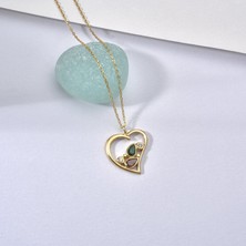 Nox Jewelry 14 Ayar Mikron Altın Kaplama Renkli Taşlı Kalp Tasarımlı Zarif Gümüş Kolye - CNS00613