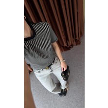 Beyaz Çizgili Tok Doku Basic Tshirt
