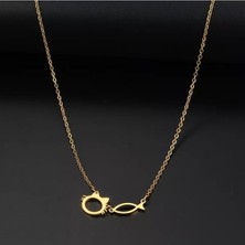 Has Altın Kaplama Kedi ve Balık 925K Kolye