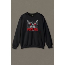 Siyah Sweatshirt Black Cat Purr Evil Kara Kedi Unisex Baskılı Sweat