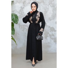 Nakış Işlemeli Siyah Bej Tesettür Ferace 29124SBEJ