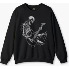 Siyah Sweatshirt Skeleton Playing Guitar Heavy Metal Skull Iskelet Gitar Rock Siyah Baskılı Sweat