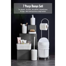 EW's Kitchenware 7 Parça Beyaz Banyo Seti Metal Stantlı Kovalı Wc Kağıtlık Kozmetik Kutusu Diş Fırçalık ve Sabunlukla