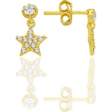 Gümüş Altın Yaldızlı Zirkon Taşlı Sallantılı Yıldız Küpe SGTL12780GOLD