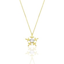 Gümüş Altın Yaldızlı Zirkon Tek Taşlı Buz Kristali Kar Tanesi Kolye SGTL12790GOLD