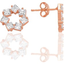Gümüş Rose Baget Kesim Zirkon Taşlı Yıldız Çiçeği  Küpe SGTL12774ROSE