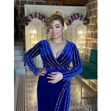 Yeşil Moda Abiye Elbise Kadife Taşlı Işlemeli Mavi Büyük Beden
