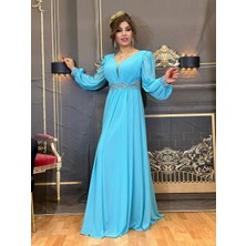 Yeşil Moda Abiye Elbise V Yaka Uzun Kollu Kloş Şifon Kumaş Yüksek Kalite Mavi