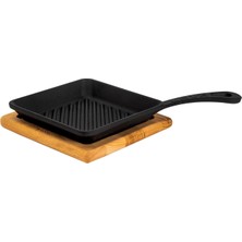 Döküm Mini Kare Izgara Tava Kayın Ahşap Altlıklı Döküm Demir Yekpare Saplı Ölçü 16X16CM.
