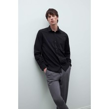 DeFacto Regular Fit Polo Yaka Basic Düz Gofre Uzun Kollu Siyah Gömlek D8713AX25SP