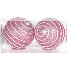 Mcreative Yılbaşı Topu Pullu Beyaz Şerit Ip Desenli 2'li Paket Pembe 9  cm .