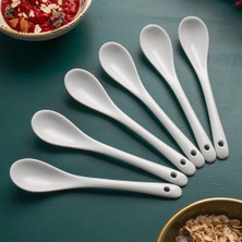 Mcreative 7997-1 6'lı Beyaz Porselen Baharat Kaşığı - Kahvaltılık Bal Reçel Şeker Servis Kaşığı 13  cm