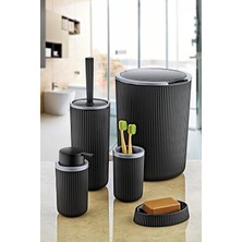 5 Parça Lüx Plastik Banyo Seti 7 Litre Dokunmatik Çöp Kovalı, Antibakteriyel Fırça (Siyah-Gri)