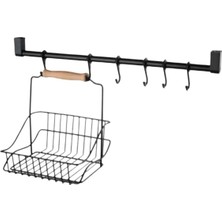 Retro Ferforje Askılı Siyah Ahşap Kulplu Düzenleyici Mutfak Banyo Sepeti