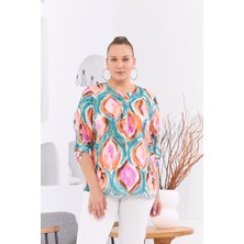 Rmg Desenli Vual Viskon Büyük Beden Kol Apoletli Kiremit Bluz