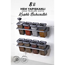8'li Etiketli Standlı Kilitli Kaşıklı Kendinden Yapışkanlı Kare Baharatlık Takımı - Erzak Kabı Seti