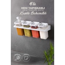 4'lü Etiketli Standlı Kilitli Kaşıklı Kendinden Yapışkanlı Kare Baharatlık Takımı -Erzak Kabı Seti