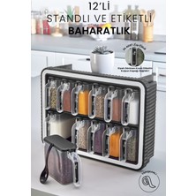 12'li Kırılmaz Hazneli Hafif Standlı Kendinden Yapışkanlı Kapaklı Kaşıklı Baharatlık Takımı Etiketli