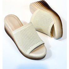 Bulutmod BA04482 Krem Kadın Örgü Günlük Yumuşak 7 cm Dolgu Topuklu Terlik - 37