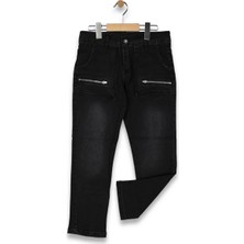 Erkek 8/12 Yaş Kargo Cepli Fermuarlı Siyah Kot Pantolon