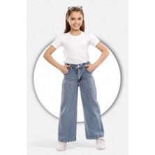 Kız 9/12 Yaş Mavi Kot Serme Taşlı Palazo