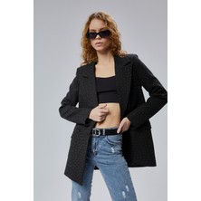 Siyah Regular Dokuma Astarlı Taş Detaylı Blazer Ceket
