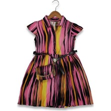 Kız 5/11 Yaş Gökkuşağı Çizgili Çantalı Elbise