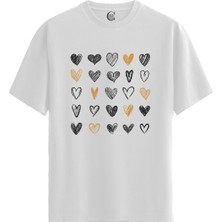Color Luxe Hearts Sketch - Pamuklu Kadın Beyaz Tişört - Premium Quality